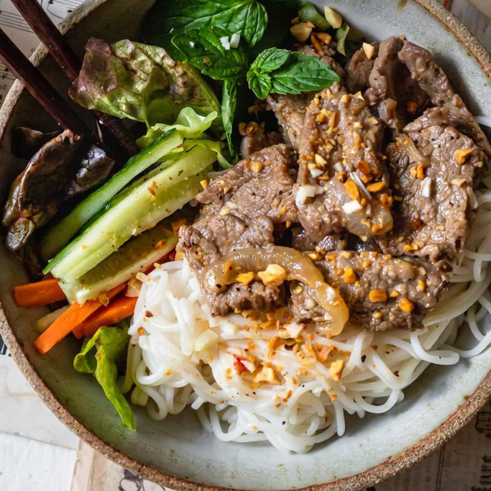 Vietnamese noodle bowl topped with grilled beef, fresh herbs, cucumber, carrots, and crushed peanuts, beside a bowl of peanuts.
