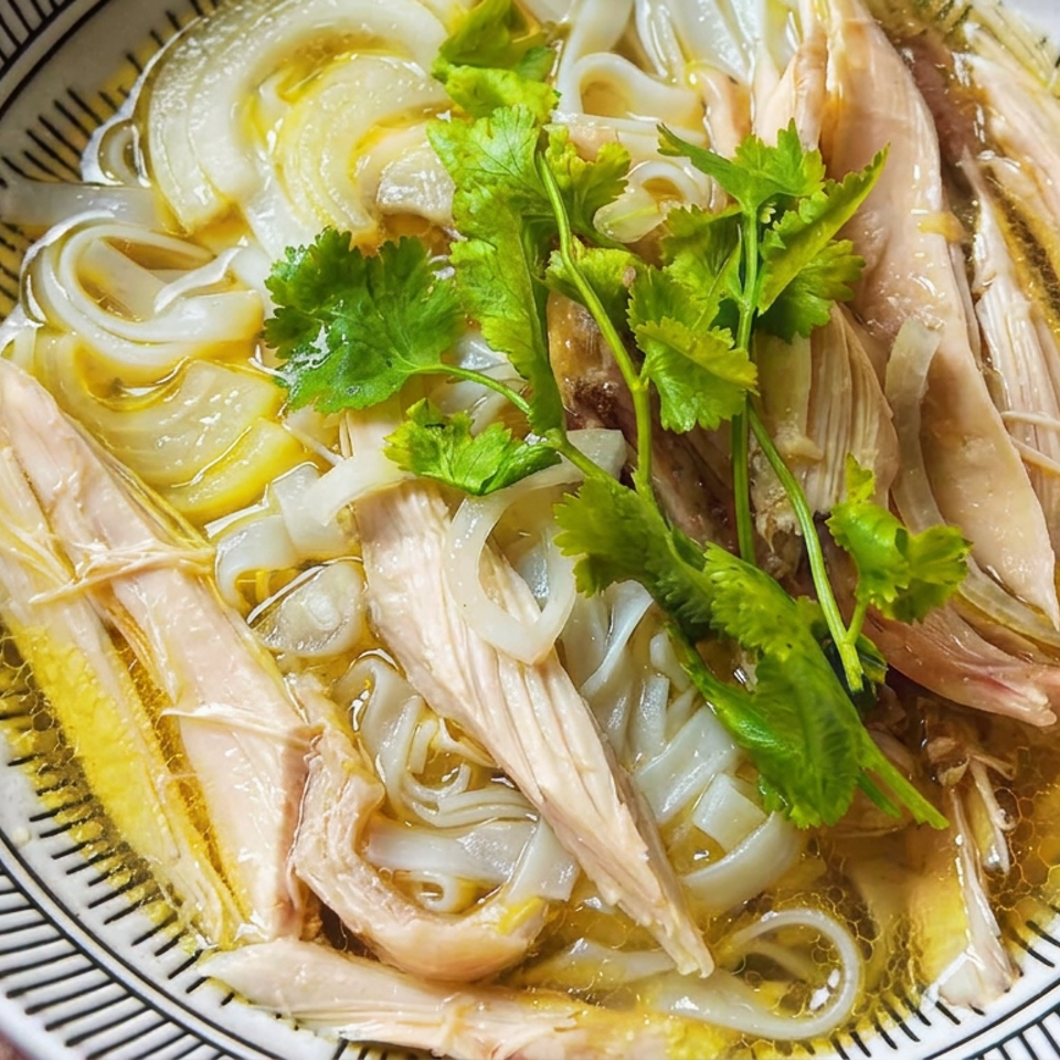 Bowl of rice noodles in golden broth topped with shredded chicken, onion slices, and fresh cilantro.
