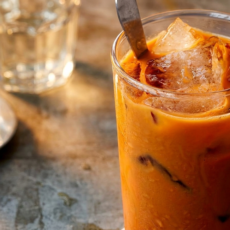 Iced coffee in a clear glass with large ice cubes and a metal spoon, beside an espresso cup on a café table.