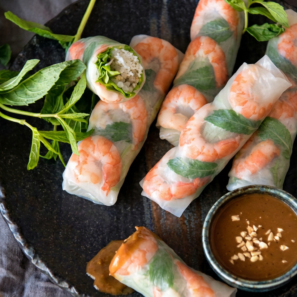 Vietnamese shrimp spring rolls with fresh herbs and peanut dipping sauce on a dark ceramic plate.